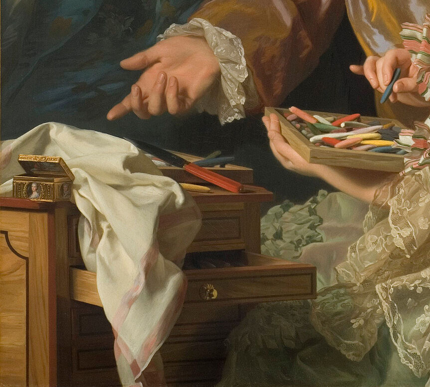 Alexander Roslin:The Artist with his wife Marie Suzanne Giroust painting a portrait of Henrik Vilhelm Peill. Detail. Alexander Roslin, 1767. © Nationalmuseum Stockholm