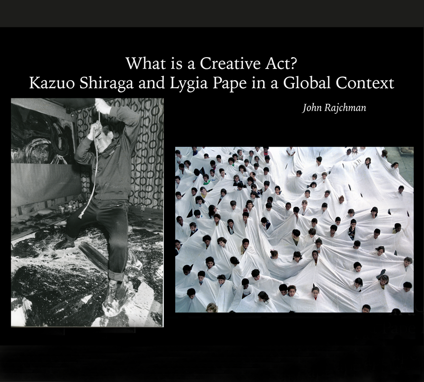 Kazuo Shiraga, Painting with his Feet, the Second Gutai Art Exhibition. 1956. Courtesy Yukio Tahara/The Mainici Newspapers/AFLO. Lygia Pape. Divisor (Divider).1968.  Performance at Museu de ARte Moderna, Rio de Janeiro.1990.Courtesty of Projeto Lygia Pape