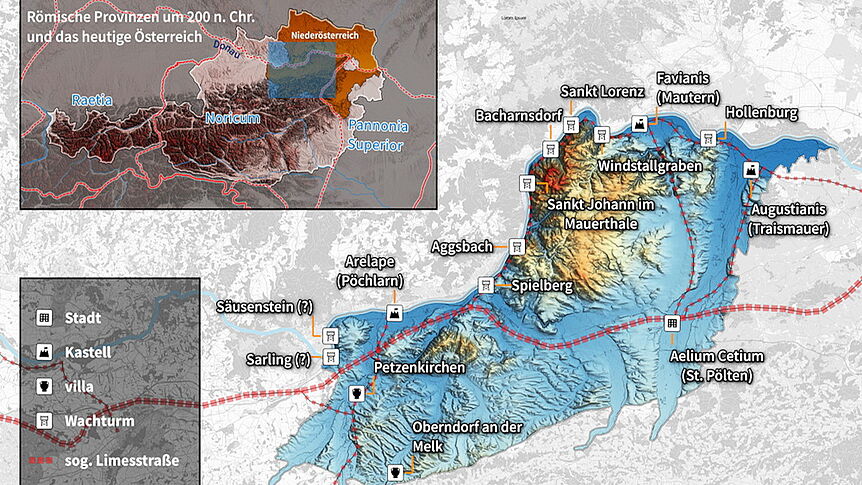 Man sieht auf dem Bild das Untersuchungsgebiet (1161 km²) im heute niederösterreichischen Norden der ehemaligen Provinz Noricum: Im Norden ist es durch den Donaustrom, im Osten und Westen durch die Einzugsgebiete der Flüsse Traisen und Erlauf sowie im Süden durch die beginnenden Voralpen eingegrenzt. data: vici.org; Ancient World Mapping Center; E. Olshausen, The Development of the Roman Provinces on the Middle Danube (1st century BC–3rd/4th centuries AD), in: E. Olshausen – C. Salazar – R. Szydlak – A. Wittke, Historical Atlas of the Ancient World, Brill's New Pauly Supplements I, 3 (Stuttgart 2011), https://doi.org/10.1163/2214-8647_bnps3_BNPA188 (2020-05-15); Land Niederösterreich; geoland.at; Bundesamt für Eich- und Vermessungswesen; Umweltbundesamt | CC BY 4.0